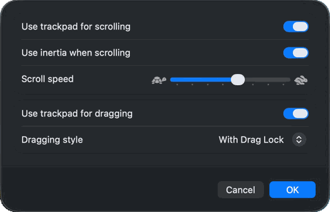 Das Fenster Trackpad Options in den Systemeinstellungen unter Accessibility, Pointer Control, mit eingeschaltetem Use trackpad for dragging und Dragging style auf With Drag Lock.